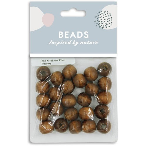 BEADS 12MM ROUND WOOD WALNUT