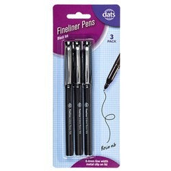 Pen Fineliner 3pk W Metal Clip Black