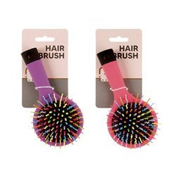 Hair Brush Coloured Bristles w/ Mirror Small Round 2 Asstd Colours