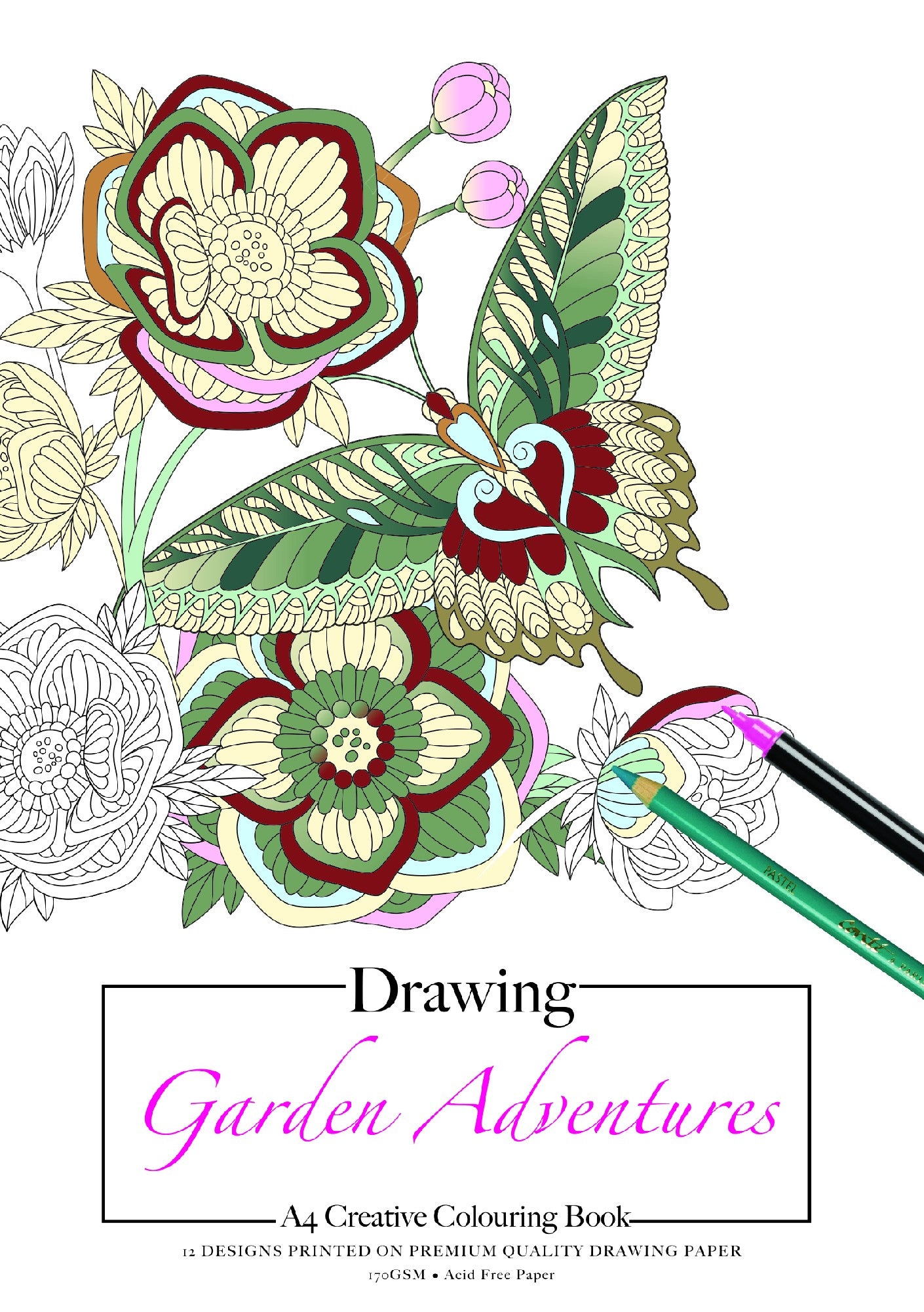 Jasart A4 Adult Colouring Book Drawing 12 Sheets Garden Adventures (Fsc Mix Credit)