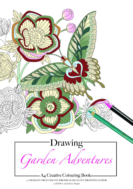 Jasart A4 Adult Colouring Book Drawing 12 Sheets Garden Adventures (Fsc Mix Credit)