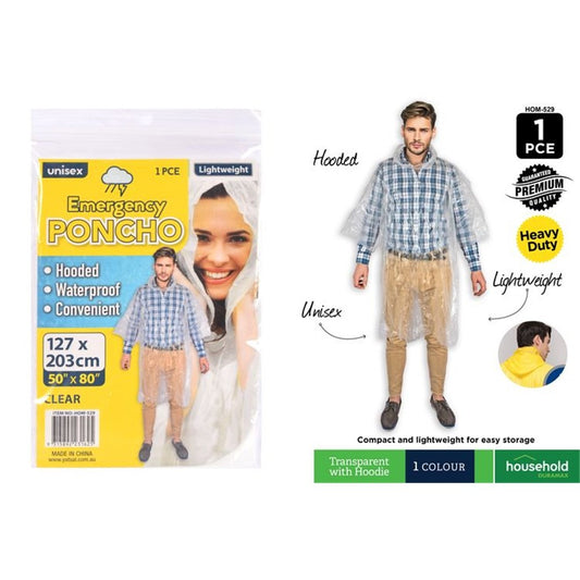 RAIN PONCHO ADULT - EMERGENCY TRANSPARENT 