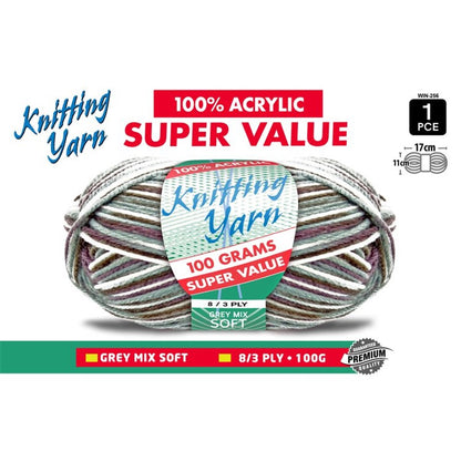 Knitting Yarn 8ply 100g Grey Mix