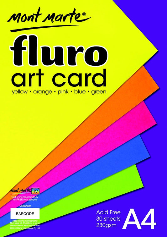 M.M. Fluro Art Card Pack 5 Cols 230gsm 30pce A4