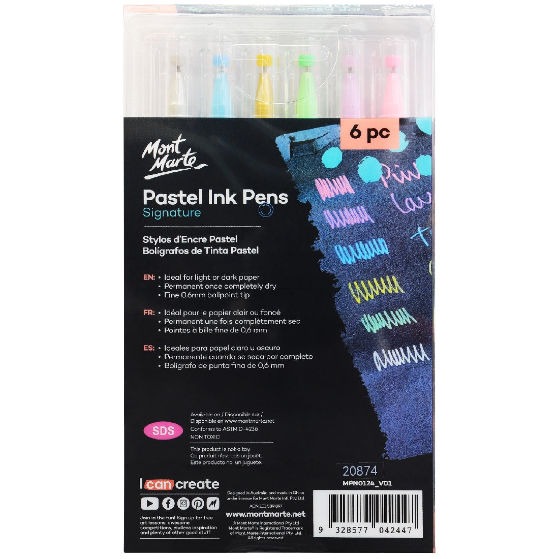 M.M. Pastel Ink Pens Fine Tip 6pc