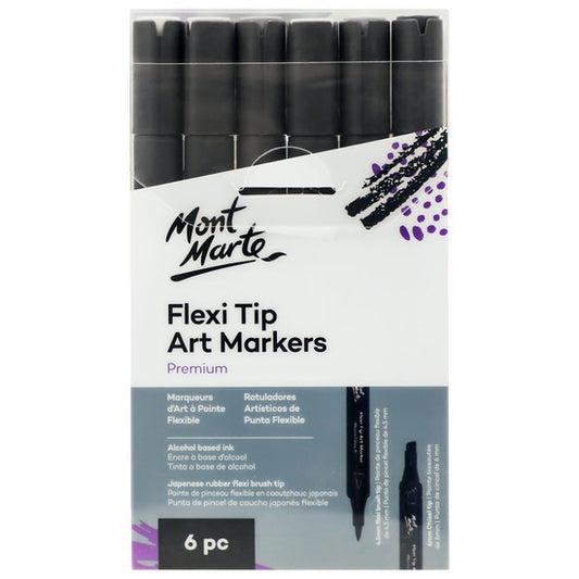 M.M. Flexi Tip Alcohol Art Markers 6pc - Grey Tones