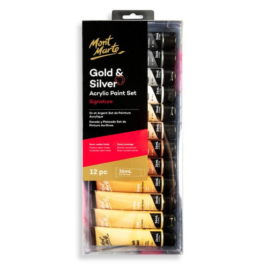 M.M. Gold And Silver Acrylic Paint Set 12pc X 36ml