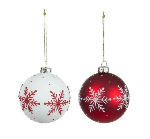 Glass Bauble 8cm Red/white 2assorted