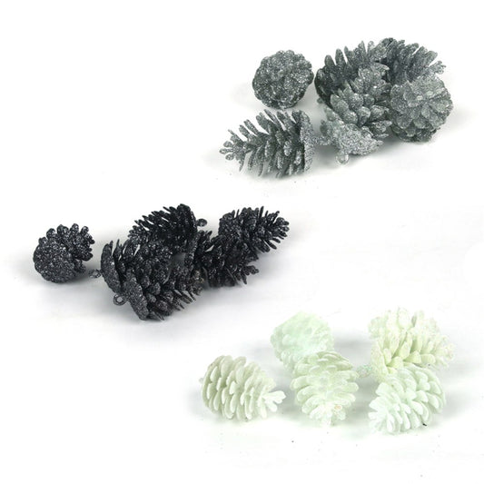 3A 6Pk 3.5x5cm Glitter Pinecones White, Silver, Gunmetal