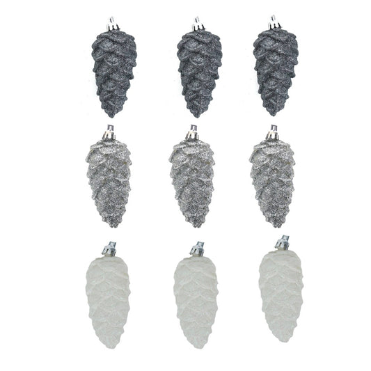 3A 3Pk 4x9cm Glitter Pinecones White, Silver, Gunmetal