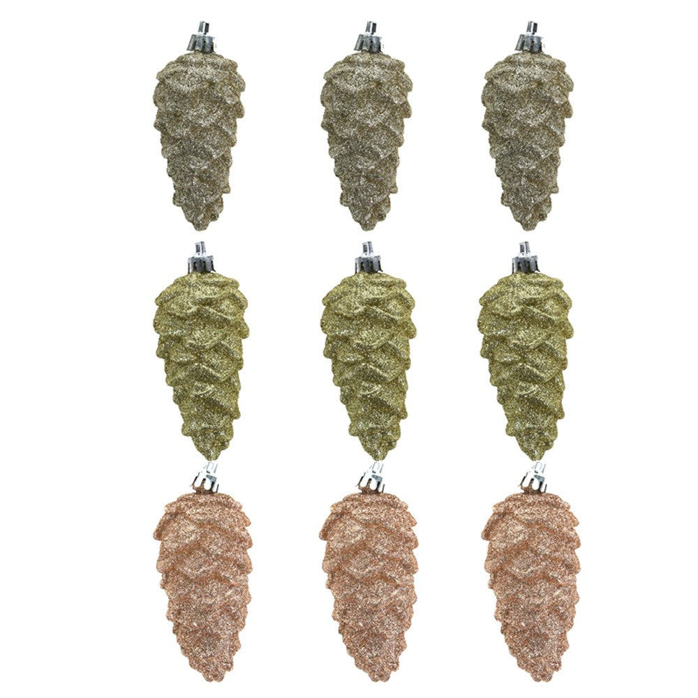 3A 3Pk 4x9cm Glitter Pinecones Gold, Champagne, Rose Gold