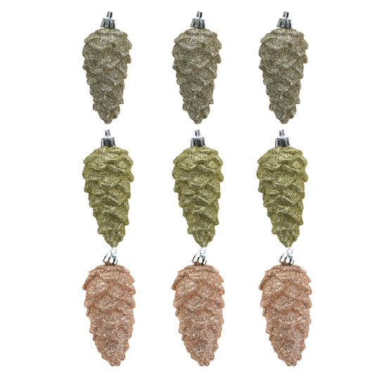 3A 3Pk 4x9cm Glitter Pinecones Gold, Champagne, Rose Gold