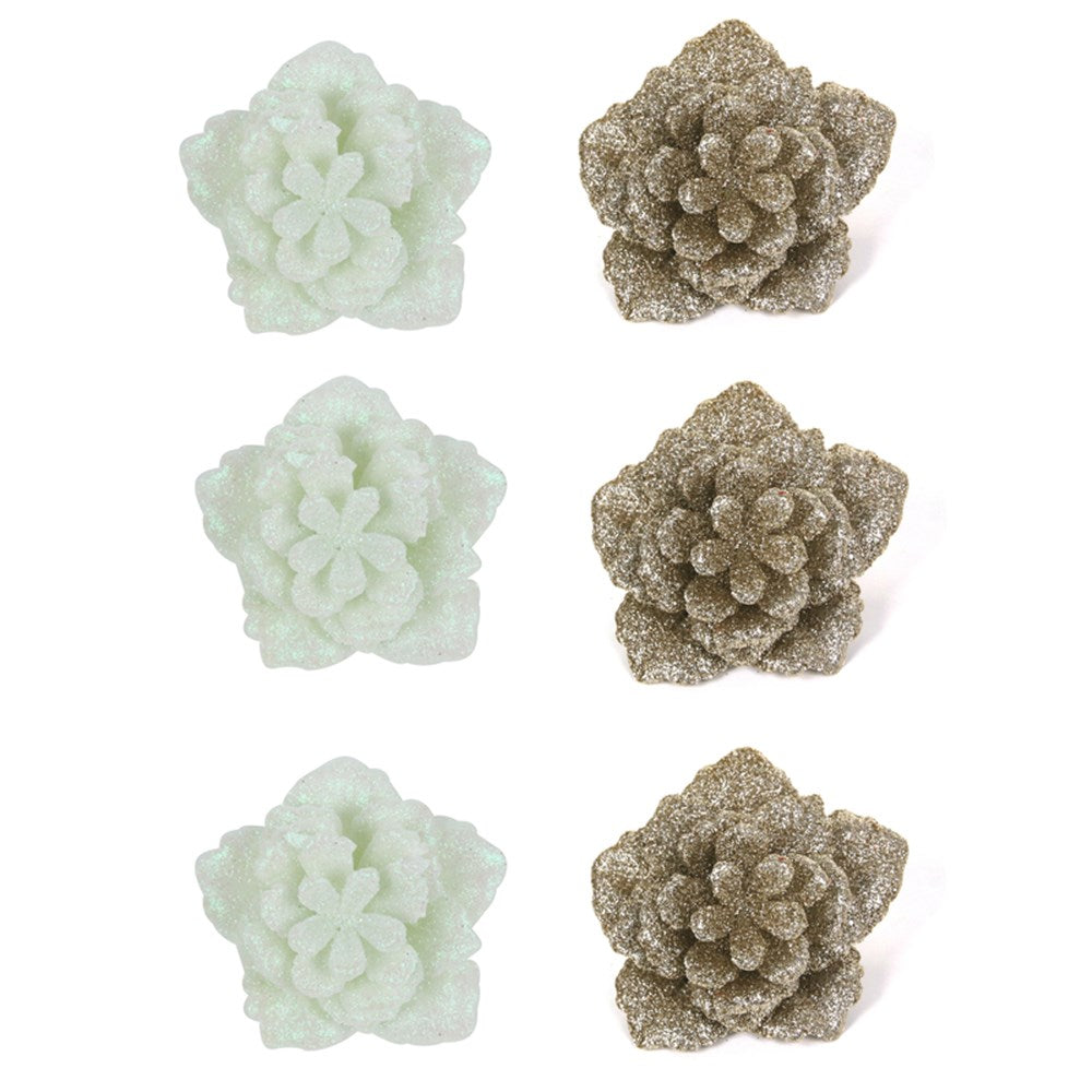 2A 3Pk 8cm Glitter Flower W/Clip White & Champagne