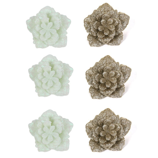 2A 3Pk 8cm Glitter Flower W/Clip White & Champagne