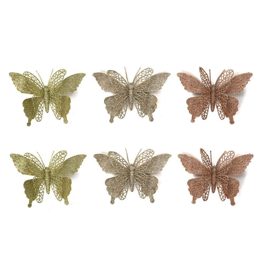 3A 2Pk 16x11cm Glitter Butterly W/Clip Champagne, Gold, Rose Gold