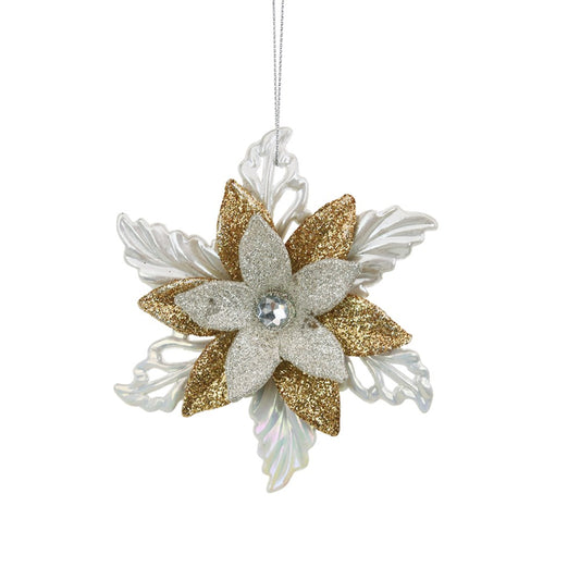 9.5cm White & Gold Glitter Poinsettia Ornament