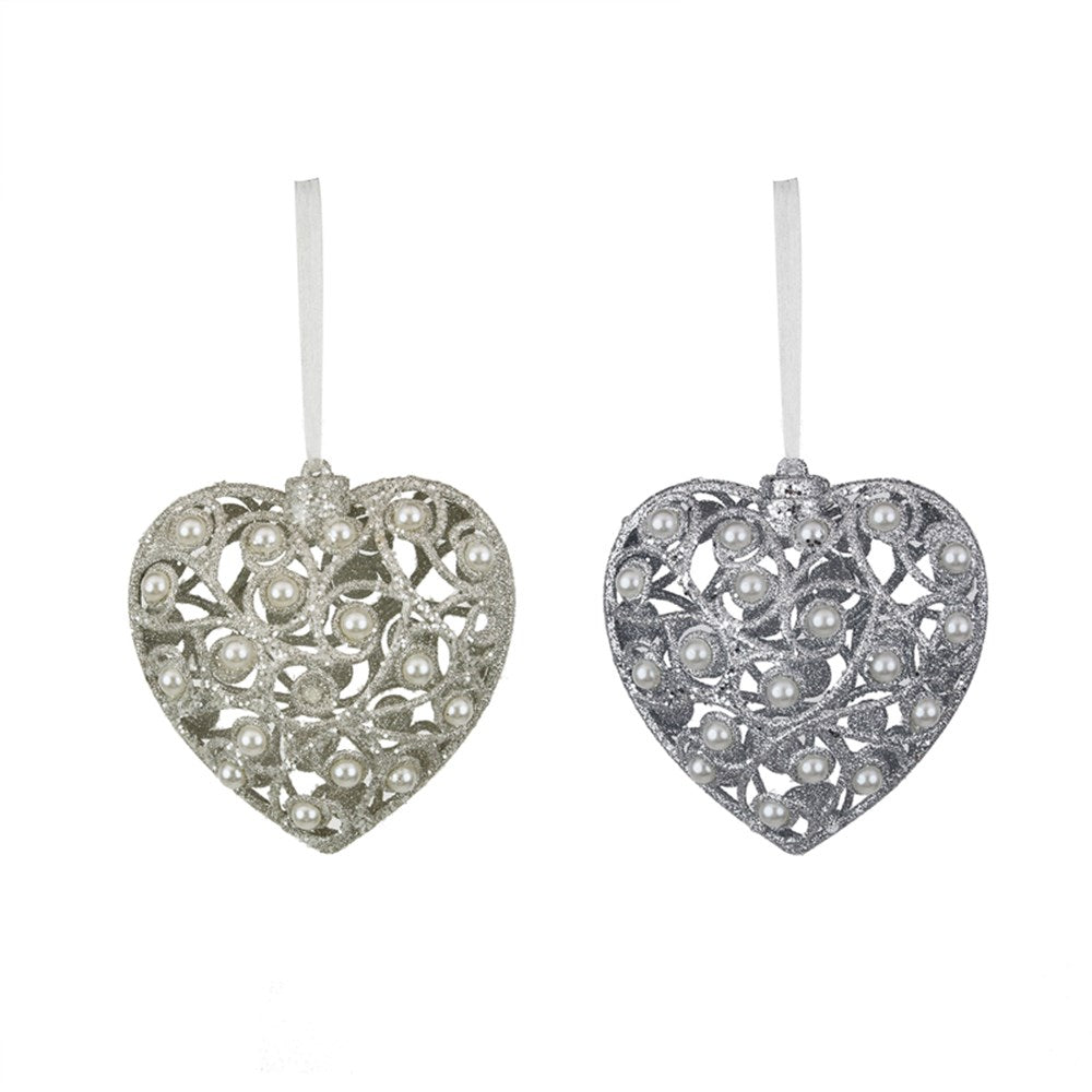 2A Silver & White Glitter Heart W/Pearl Ornament 10cm