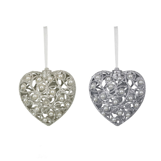 2A Silver & White Glitter Heart W/Pearl Ornament 10cm