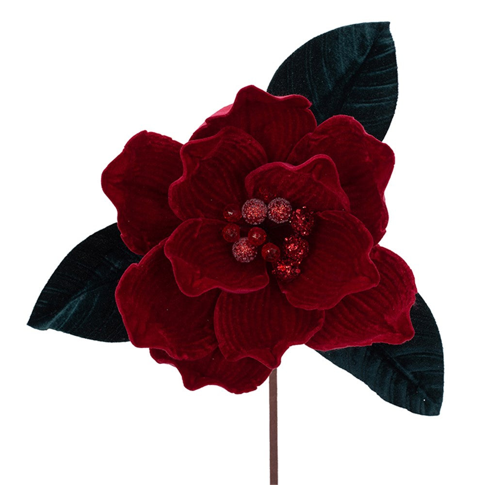 Burgundy Velour Magnolia W/Leaves 27cm