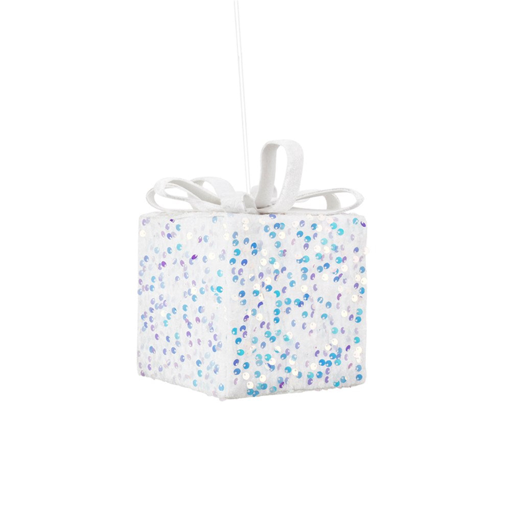 12cm White Iridesent Sequin Gift Box Tree Ornament
