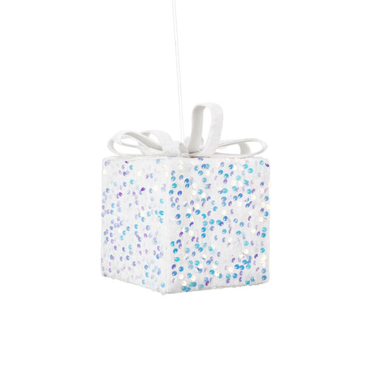 12cm White Iridesent Sequin Gift Box Tree Ornament