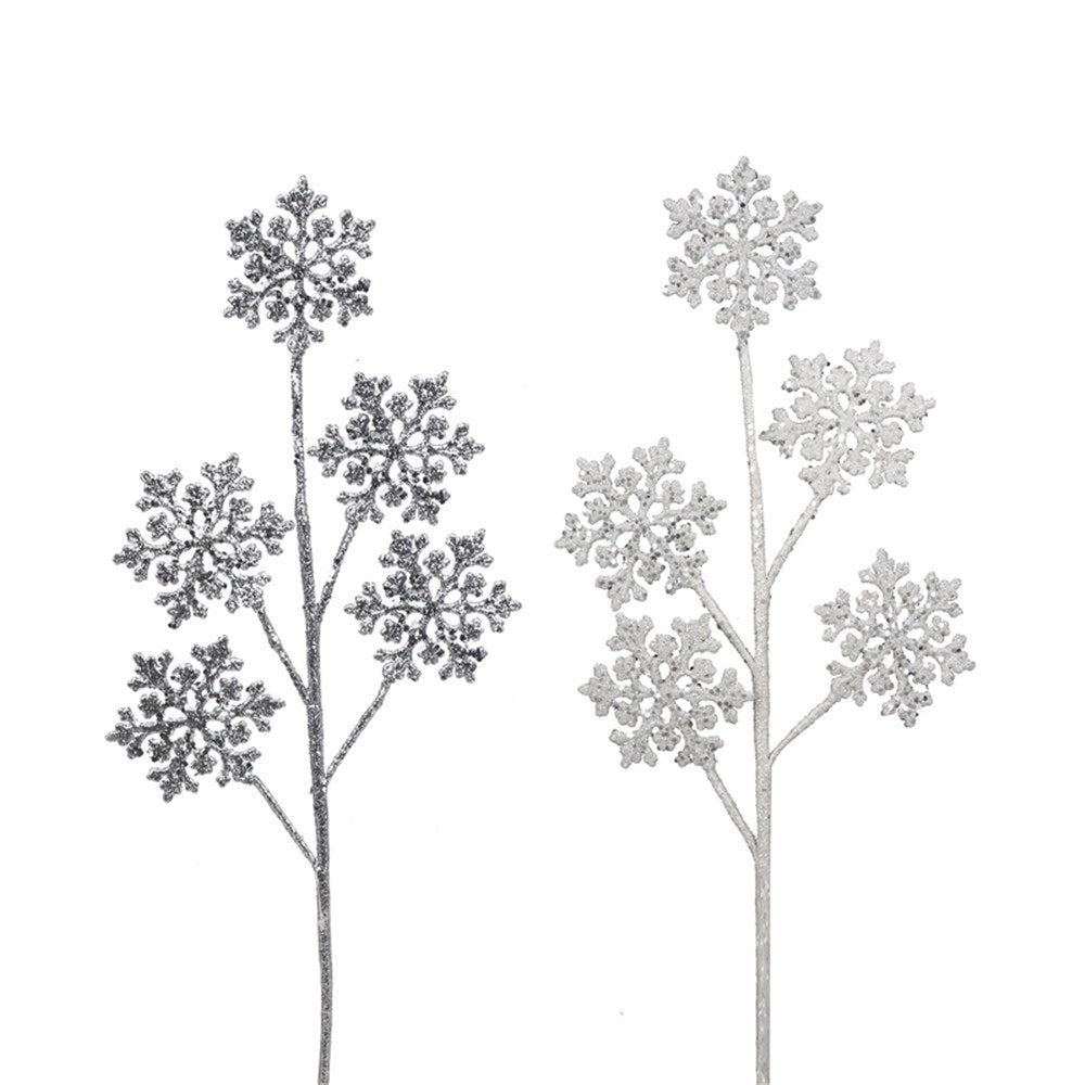 2A 5Pc Silver & White Glitter Snowflake On 31cm Stem