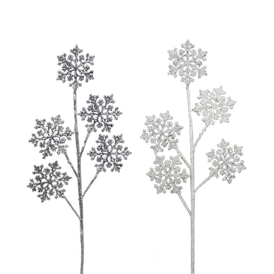 2A 5Pc Silver & White Glitter Snowflake On 31cm Stem