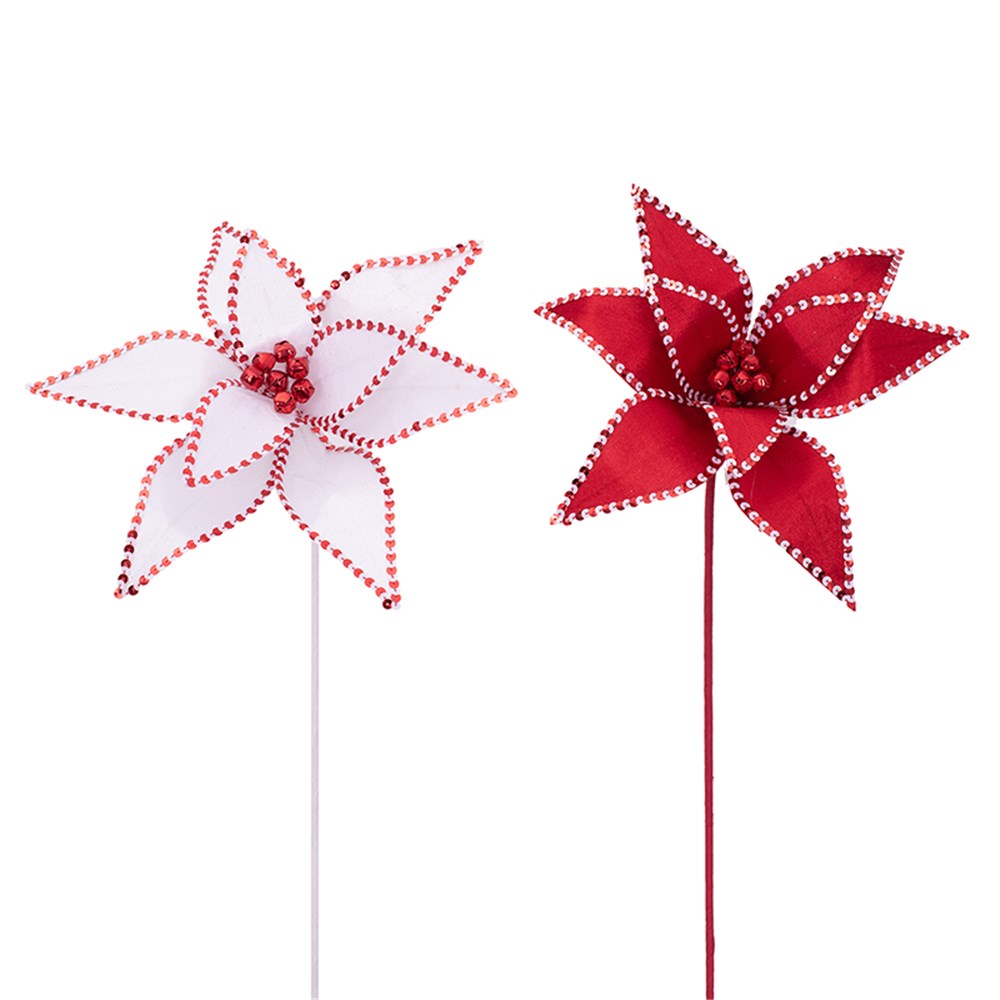 2A 32cm Red&White Poinsettia W/Bells & 50cm Stem