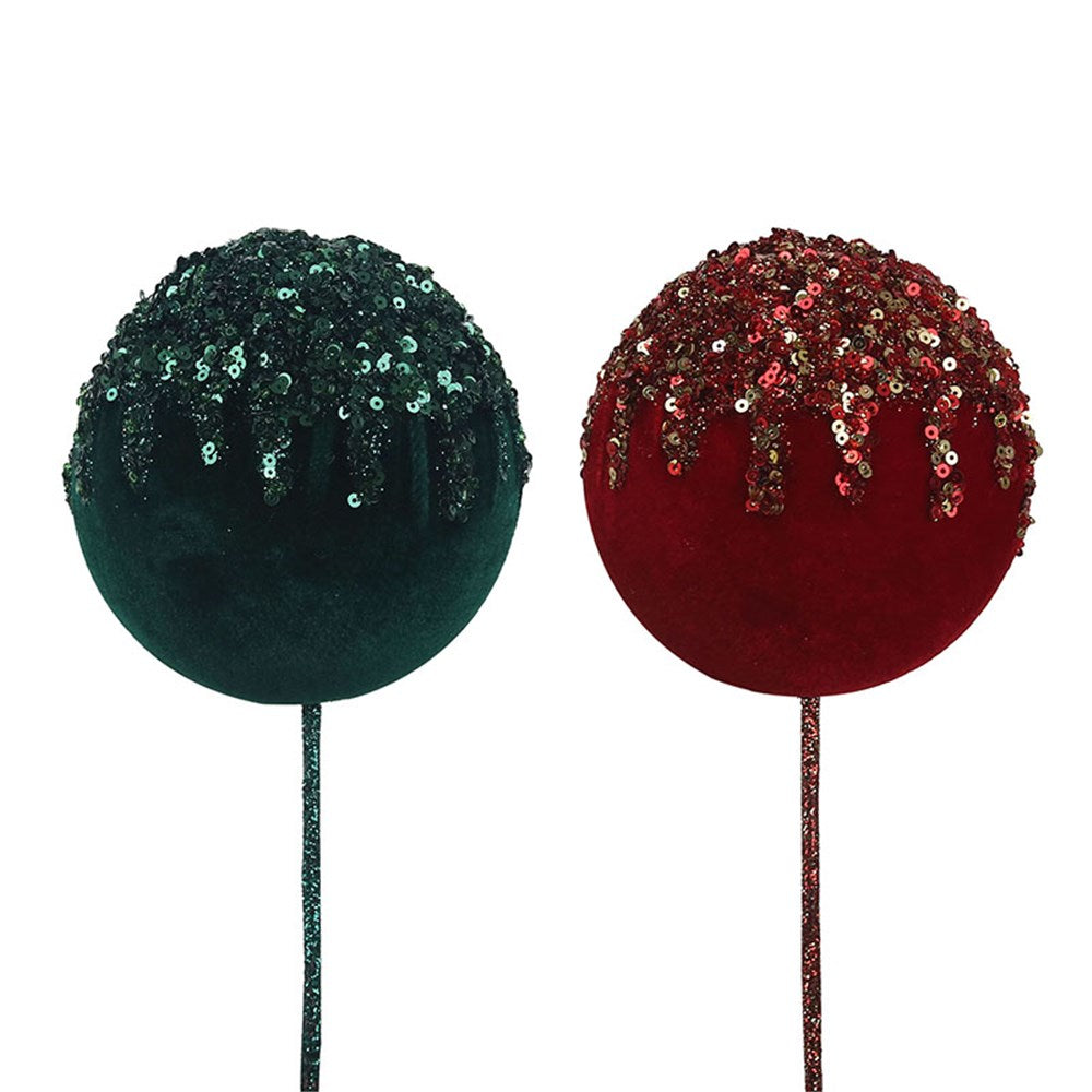 2A 10cm Red&Emerald Velour Ball W/Glitter Finish
