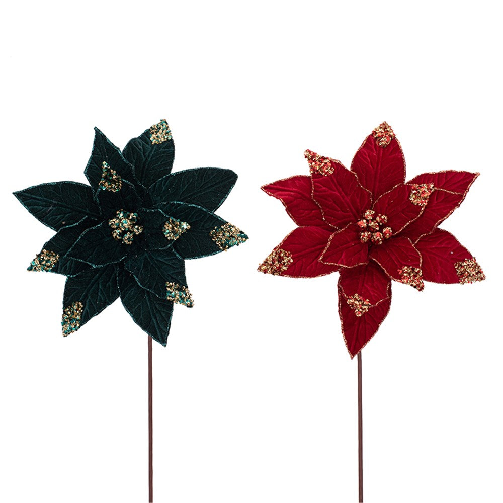 2A 28cm Emerald Green & Red Velvet Poinsettia W/Beading & 50cm Stem