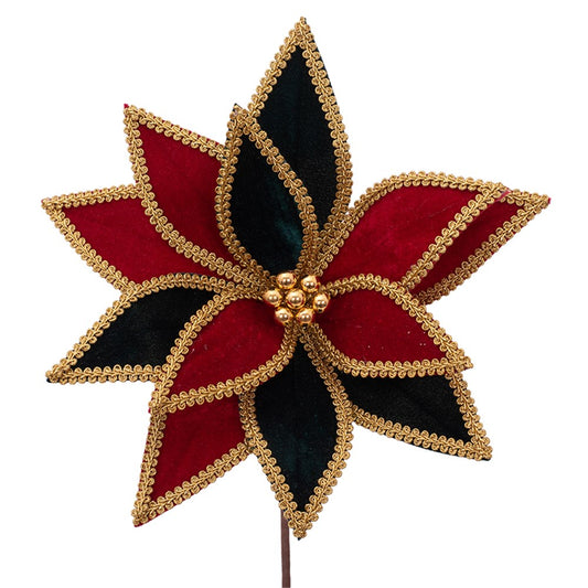 32cm Harlequin Poinsettia Emerald Green & Red Velvet W/Gold Trim & 50cm Stem
