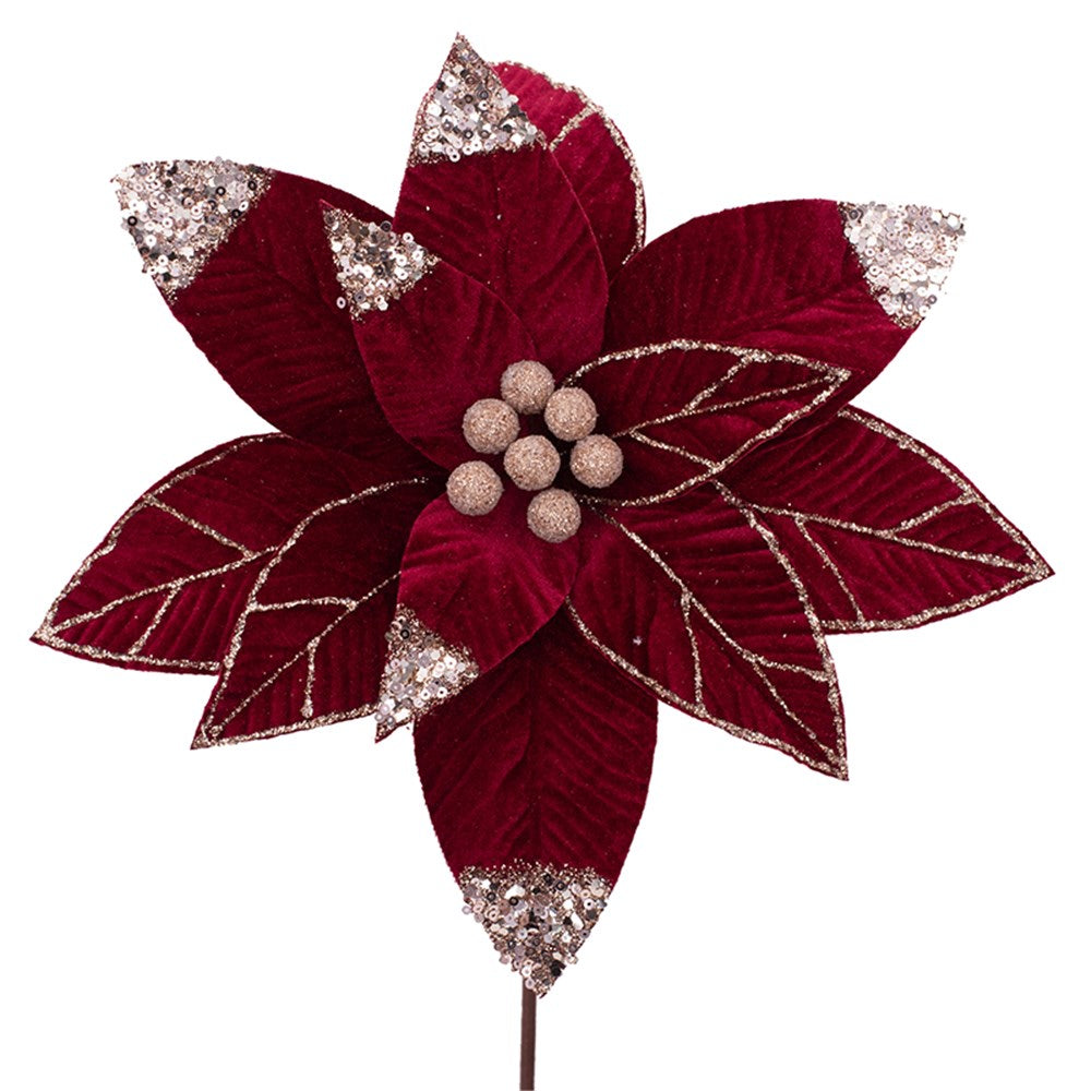 31cm Burgundy Velvet Poinsettia W/Rosegold Details & 50cm Stem