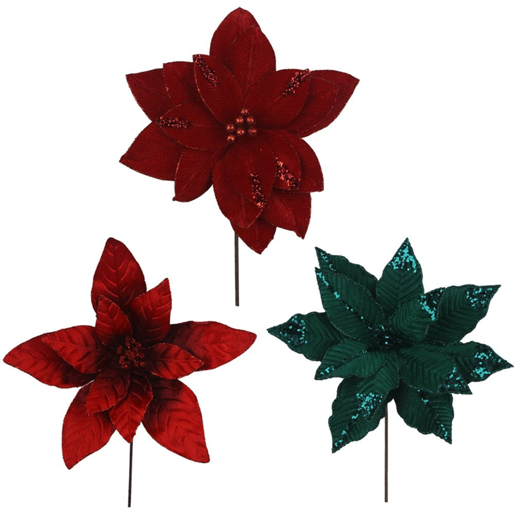 3A 35cm Poinsettia W/35cm Stem Emerald Green & Red