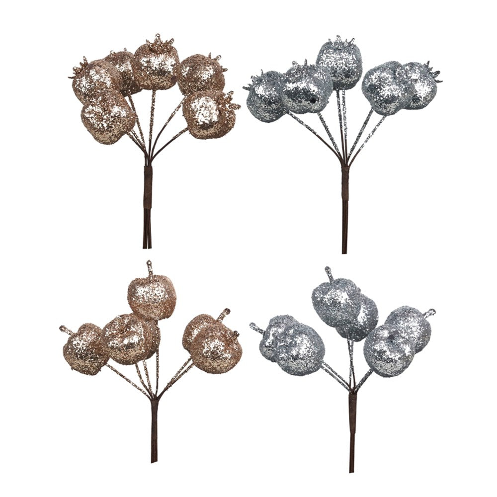 4A 12cm Glitter Apples & Pomegranate Silver & Champagne