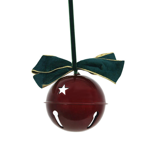 14cm Red Metal Bell W/Emerald Green Velour Bow