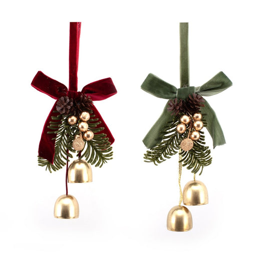 2A Hanging Bells W/Burgundy & Sage Velour Ribbon