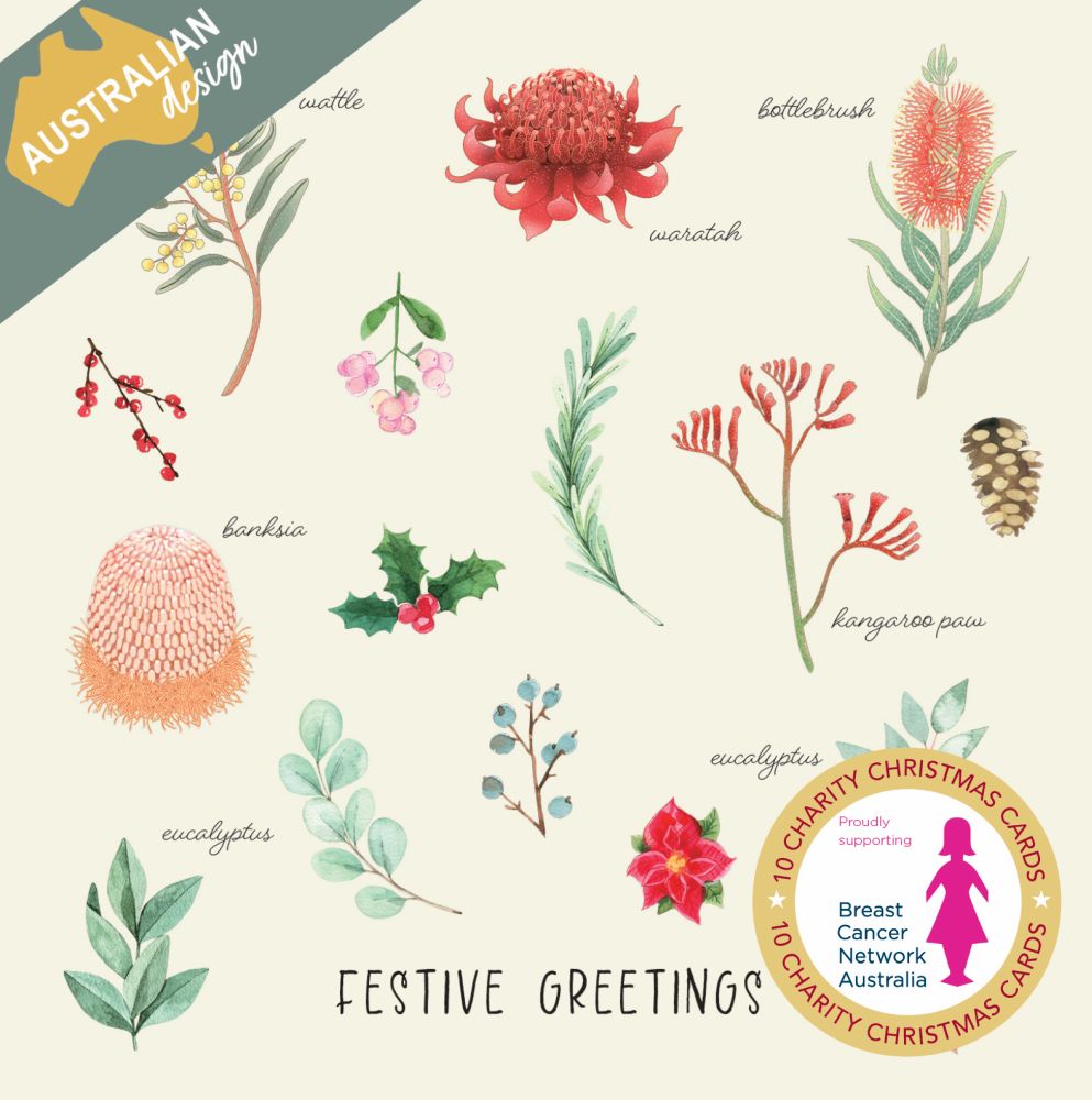 Christmas Card 10pk Wallet - Breast Cancer Network Australia -Australian Flora
