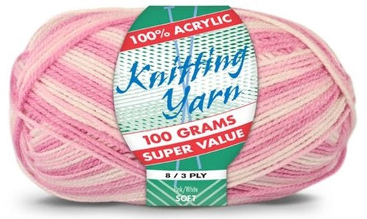 KNITTING YARN 8ply 100g PINK WHITE