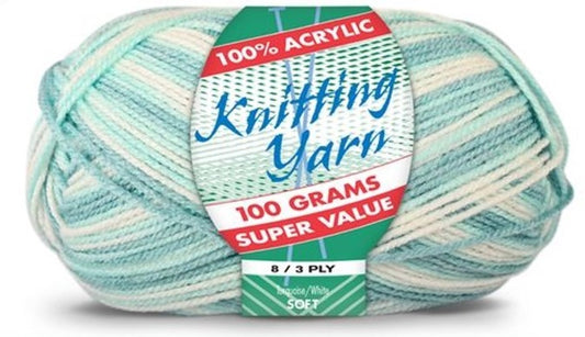 KNITTING YARN 8ply 100g TURQUOISE WHITE