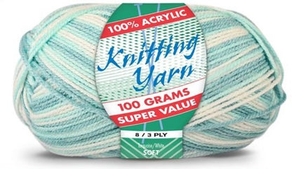 Knitting Yarn Multi 8ply 100g Turquoise White