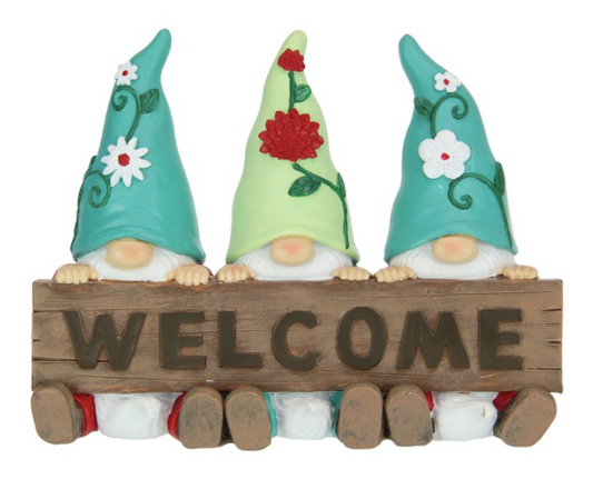 19cm Triplet Gnomes Holding Welcome Sign
