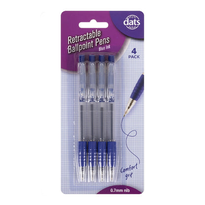 Pen Ballpoint Retractable 4pk Blue Ink